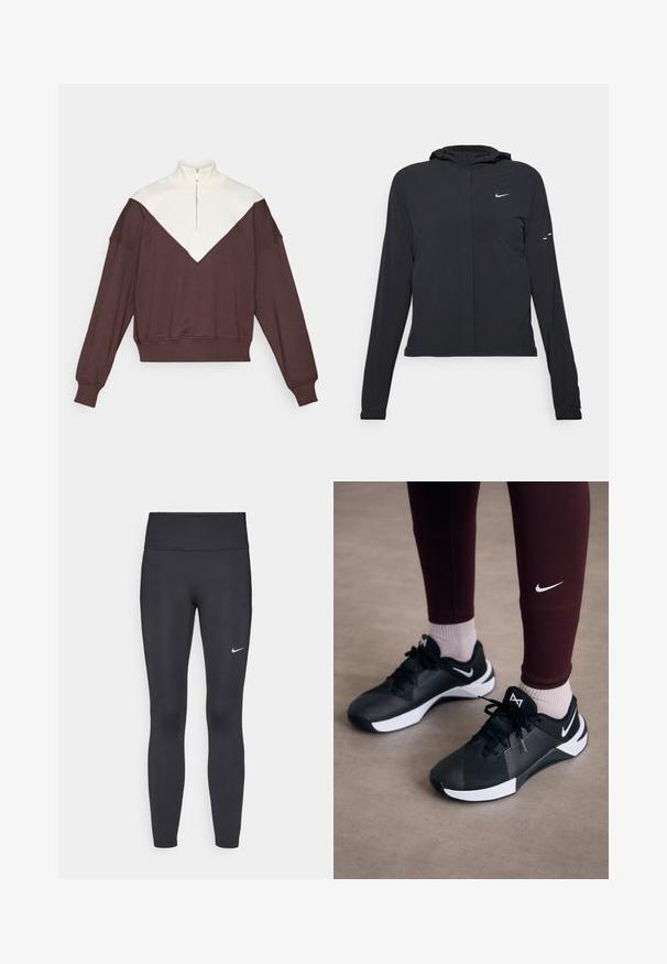 Casaco preto com capuz e mangas longas, feito de material leve. Apresenta um fecho dourado na frente, um logótipo da Nike e detalhes de design subtis.; Sweatshirt em tons castanho e creme com fecho de meio zíper, apresentando um design de bloco de cor em forma de V, punhos canelados e uma textura suave.; Leggings pretos feitos de tecido elástico, com uma cintura alta e um logo branco da Nike na coxa esquerda. Textura suave, design ajustado ao corpo.; Ténis atléticos pretos com um upper texturizado e detalhes brancos, apresentando atacadores e um logo lateral. Usados com leggings cor-de-vinho e meias claras.