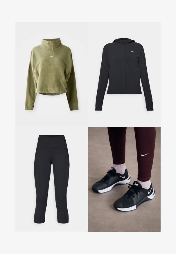 Melnā kapuci jaka ar garām piedurknēm, izgatavota no viegla materiāla. Tam ir priekšējais rāvējslēdzis, Nike logo un smalki dizaina akcenti.; Olive zaļš sarautais vilnas pārvalks ar augstu kaklu, auklu un priekšējo logotipu. Iezīmē ilgas rokas un teksturētu apdari.; Melnas apgrieztas legingi, izgatavoti no elastīga auduma, ar augstu jostasvietu un gludu tekstūru, bez redzamām rakstu vai aksesuāriem.; Melni sporta apavi ar strukturētu virsmu un baltām akcentēm, ar auklām un sānu logo. Nēsāti ar bordo legingiem un gaišām zeķēm.