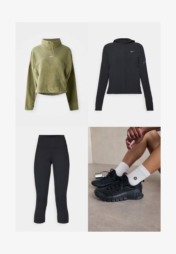 Černá kapucňová bunda s dlouhými rukávy, vyrobená z lehkého materiálu. Obsahuje přední zip, logo Nike a decentní designové akcenty.; Olivově zelený zkrácený flísový pulovr s vysokým límcem, stahovací šňůrkou a předním logem. Obsahuje dlouhé rukávy a strukturovaný povrch.; Černé zkrácené legíny vyrobené z pružné látky, s vysokým pasem a hladkou texturou, bez viditelných vzorů nebo kovových prvků.; Černé sportovní boty s texturovanou látkou, šněrováním a výraznou podrážkou, v kombinaci s bílými žebrovanými ponožkami s malým logem.