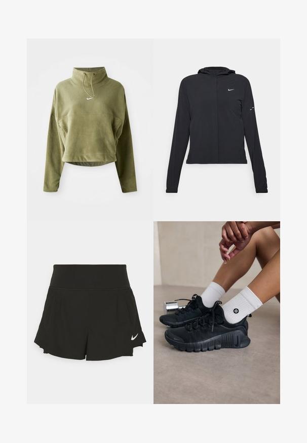 Chaqueta negra con capucha y mangas largas, hecha de un material ligero. Presenta un cierre frontal, un logo de Nike y acentos de diseño sutiles.; Pulóver recortado de forro polar verde oliva con cuello alto, cordón ajustable y logo frontal. Presenta mangas largas y un acabado texturizado.; Shorts deportivos negros con una cintura ancha, detalles plisados, dobladillo curvado y el logo de Nike en blanco en la parte inferior derecha.; Zapatillas deportivas negras con tejido texturizado, diseño de cordones y una suela prominente, combinadas con calcetines blancos de canalé que presentan un pequeño logo.