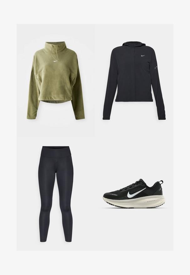 Must musta kapuutsiga jakk, millel on pikad varrukad ja mis on valmistatud kergetest materjalidest. Omab esitaskut, Nike logo ja kergelt silmatorkavaid disainiaktsente.; Olive roheline lühendatud fliispullov kõrgema kaelusega, paela ja esiküljel logoga. Omab pikki varrukasid ja tekstureeritud viimistlust.; Mustad mustad, mis on valmistatud siledast ja venivast kangast. Kõrge vöökoht, ilma nähtavate mustrite või aksessuaarideta. Sobivad tihedalt puusadelt kuni pahkluuni.; Musthave mustus Nike jooksujalats, millel on hingav võrgust ülemine osa, valge swoosh logo, tekstuuriga detailid ja kreemja värvusega ZoomX vahevöö.
