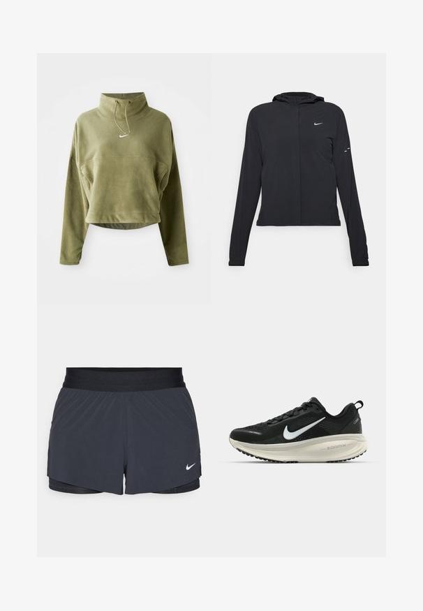 Giacca nera con cappuccio e maniche lunghe, realizzata in materiale leggero. Presenta una zip frontale, il logo Nike e accenti di design sottili.; Pullover in pile verde oliva, corto, con collo alto, coulisse e logo anteriore. Presenta maniche lunghe e una finitura testurizzata.; Pantaloni sportivi neri con vita elastica, caratterizzati da un design a strati e un piccolo logo Nike bianco in basso a sinistra. Materiale leggero.; Scarpa da corsa nera Nike con tomaia in rete traspirante, logo Swoosh bianco, dettagli testurizzati e intersuola ZoomX di colore crema.