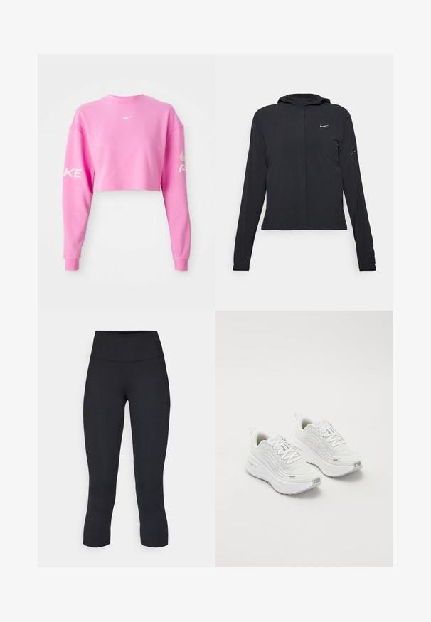Casaco preto com capuz e mangas longas, feito de material leve. Apresenta um fecho dourado na frente, um logótipo da Nike e detalhes de design subtis.; Sweatshirt curto rosa feito de mistura de algodão, com mangas longas. Logótipo branco da Nike no peito e texto ao longo da manga esquerda. Textura suave.; Top cropped atlético preto com fecho à frente, acentos em malha e um design ajustado. Feito de tecido elástico e respirável. Logótipo da Nike na frente.; Leggings pretos cropped feitos de tecido elástico, apresentando uma cintura alta e uma textura suave, sem padrões ou acessórios visíveis.; Tênis atléticos brancos com um cabedal de malha texturizada, sola acolchoada e discretos detalhes em cinza. Inclui logótipo e aba de calcanhar em laço para facilitar o calçar.