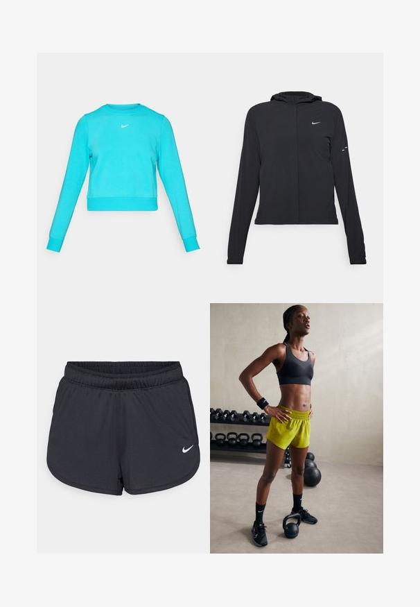 Černá kapucňová bunda s dlouhými rukávy, vyrobená z lehkého materiálu. Obsahuje přední zip, logo Nike a decentní designové akcenty.; Tyrkysový cropped sweatshirt s dlouhými rukávy, kulatým výstřihem a malým bílým logem Nike na hrudi. Měkká, strukturovaná tkanina.; Černé sportovní tričko s krátkým rukávem vyrobené z hladkého, lehkého materiálu, s malým bílým logem Nike v horním levém rohu.; Černé sportovní šortky vyrobené z lehké, prodyšné látky. Obsahují elastický pás a bílé logo Nike na dolní pravé straně.; Černá sportovní podprsenka, jasně žluté šortky s elastickým pasem, černé sportovní boty a zápěstní pásky, stojící vedle kettlebellů.