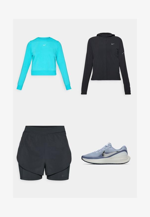 Jachetă neagră cu glugă, cu mâneci lungi, fabricată din material ușor. Dispune de un fermoar frontal, un logo Nike și accente de design subtile.; Sweatshirt turcoaz scurt, cu mâneci lungi, decolteu rotund și un mic logo alb Nike pe piept. Material moale, texturat.; Șorturi sportive negre cu un design stratificat, având o strat exterior neted și șorturi interioare ajustate. Fabricate dintr-un material ușor și elastic.; Adidași de alergare Nike în nuanțe de albastru deschis și alb, cu swoosh argintiu, suprafață din plasă respirabilă, talpă căptușită și tread negru pe talpă.