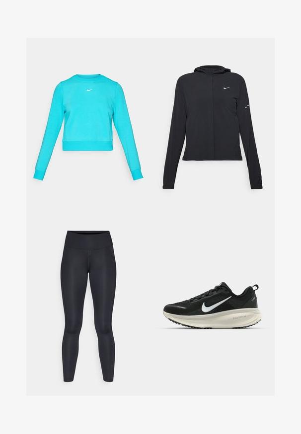 Chaqueta negra con capucha y mangas largas, hecha de un material ligero. Presenta un cierre frontal, un logo de Nike y acentos de diseño sutiles.; Sudadera corta turquesa con mangas largas, escote redondo y un pequeño logo blanco de Nike en el pecho. Tejido suave y texturizado.; Leggings negros hechos de una tela suave y elástica. Cintura alta sin patrones ni acentos visibles. Se ajustan estrechamente desde la cintura hasta los tobillos.; Zapatilla de running Nike negra con parte superior de malla transpirable, logo Swoosh blanco, detalles texturizados y una entresuela ZoomX de color crema.