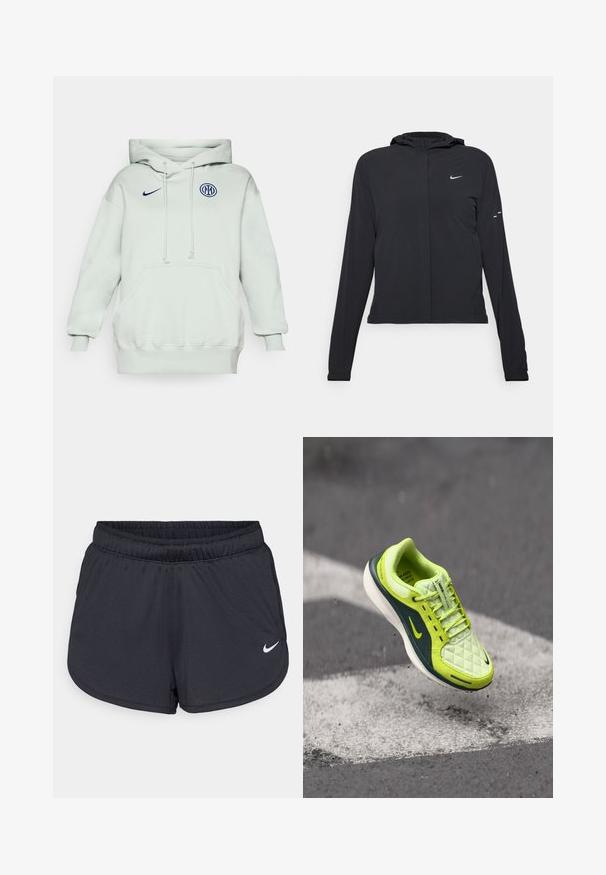 Must musta kapuutsiga jakk, millel on pikad varrukad ja mis on valmistatud kergetest materjalidest. Omab esitaskut, Nike logo ja kergelt silmatorkavaid disainiaktsente.; Heledad roheline kapuutsiga särk suure esikotiga, nööriga ja soonikute otstega. Esiküljel on sinine Nike logo ja ringikujuline sinine embleem.; Mustad mustikud mustad lühikesed püksid, mis on valmistatud kerge ja hingava kangaga. Omab elastset vööd ja valget Nike logo alumises paremas nurgas.; Lime roheline jooksujalanõud koos tikitud ülemise osaga, tume rohelised aktsendid, valge tald ja nähtav must Nike logo; omab nöörimise disaini ja tekstureeritud pinda.