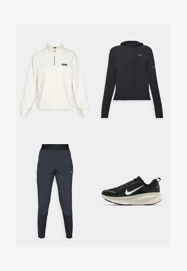 Čierna kapucňová bunda s dlhou rukávou, vyrobená z ľahkého materiálu. Má predný zips, logo Nike a jemné dizajnové akcenty.; Krémový fleece pulóver s polovičným zipsom na golieri, dlhými rukávmi a malým modrým logom Patagonia na hrudi. Hladká textura.; Športové nohavice Nike v tmavo sivej farbe, s členeným strihom na nohaviciach, elastickým pásom a akcentovanými detailmi pri manžetách.; Čierne bežecké topánky Nike s priedušnou sieťovinou, bielym logom s symbolom swoosh, textúrovanými detailmi a krémovou ZoomX medzipodrážkou.
