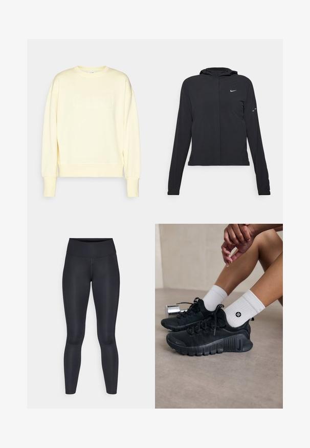 Giacca nera con cappuccio e maniche lunghe, realizzata in materiale leggero. Presenta una zip frontale, il logo Nike e accenti di design sottili.; Felpa gialla chiara realizzata in morbido tessuto, con colletto rotondo, spalle scese e logo "Casall" ricamato sul davanti.; Leggings neri realizzati in un tessuto liscio e elasticizzato. Vita alta senza motivi o dettagli visibili. Vestono aderenti dalla vita alle caviglie.; Scarpe da ginnastica nere con tessuto texturizzato, design con lacci e suola prominente, abbinate a calze bianche a coste con un piccolo logo.