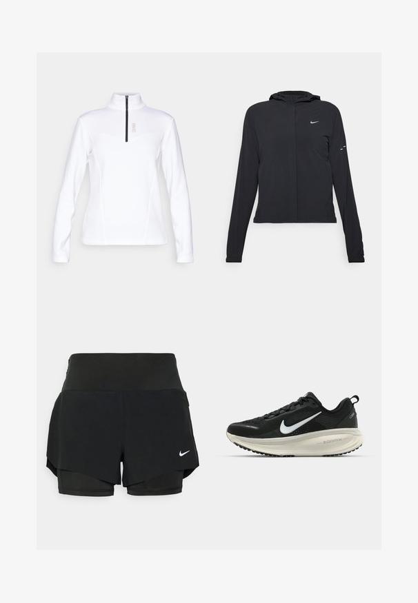 Giacca nera con cappuccio e maniche lunghe, realizzata in materiale leggero. Presenta una zip frontale, il logo Nike e accenti di design sottili.; Pullover bianco a maniche lunghe con collo alto, presenta una cerniera di lunghezza quarti e una texture liscia e uniforme. Il nome del marchio "COLMAR" è visibile.; Pantaloni sportivi neri caratterizzati da un design a strati con un pantalone interno e una sovrapposizione esterna, realizzati in tessuto leggero e stretch.; Scarpa da corsa nera Nike con tomaia in rete traspirante, logo Swoosh bianco, dettagli testurizzati e intersuola ZoomX di colore crema.