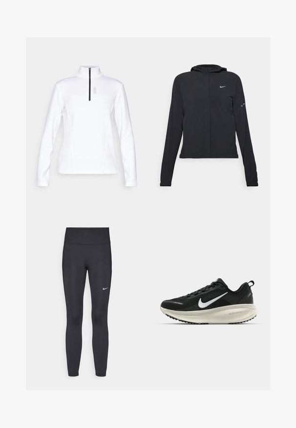 Casaco preto com capuz e mangas longas, feito de material leve. Apresenta um fecho dourado na frente, um logótipo da Nike e detalhes de design subtis.; Pullover branco de mangas longas com gola alta, possui um fecho de correr de um quarto de comprimento e uma textura suave e elegante. Nome da marca "COLMAR" em destaque.; Leggings pretos feitos de tecido elástico, com uma cintura alta e um logo branco da Nike na coxa esquerda. Textura suave, design ajustado ao corpo.; Sapatilha de corrida Nike preta com parte superior de malha respirável, logotipo Swoosh branco, detalhes texturizados e uma entressola ZoomX na cor creme.