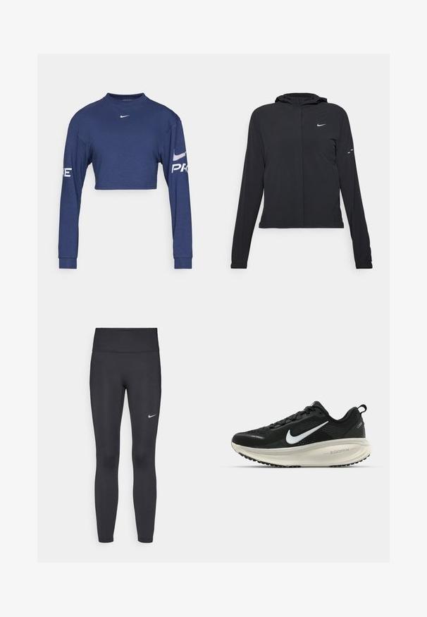 Černá kapucňová bunda s dlouhými rukávy, vyrobená z lehkého materiálu. Obsahuje přední zip, logo Nike a decentní designové akcenty.; Námořnickomodrý zkrácený dlouhý rukáv košile vyrobená z látky, s kulatým výstřihem a bílými potisky "PRO" a loga na rukávech.; Černé legíny vyrobené z elastického materiálu, s vysokým pasem a bílým logem Nike na levém stehně. Hladká textura, přiléhavý střih.; Černá běžecká obuv Nike s prodyšným síťovaným svrškem, bílým logem swoosh, texturovanými detaily a krémovou mezipodešví ZoomX.