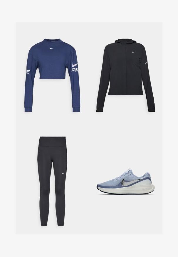 Casaco preto com capuz e mangas longas, feito de material leve. Apresenta um fecho dourado na frente, um logótipo da Nike e detalhes de design subtis.; Camisa de manga longa azul marinho, cortada, feita de tecido, com um decote redondo e estampas brancas "PRO" e logo nas mangas.; Leggings pretos feitos de tecido elástico, com uma cintura alta e um logo branco da Nike na coxa esquerda. Textura suave, design ajustado ao corpo.; Sapatilha de corrida Nike azul claro e branca com o swoosh prateado, parte superior de malha respirável, sola acolchoada e sola preta.