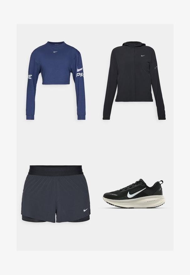 Svart hettegenser med lange ermer, laget av lett materiale. Har glidelås foran, Nike-logo og subtile design detaljer.; Mørkeblå kortermet langermet skjorte laget av stoff, med rund halsutringning og hvite "PRO"- og logo-trykk på ermene.; Sorte treningshorts med elastisk midjebånd, med lagdelt design og liten hvit Nike-logo på nederste venstre side. Lett materiale.; Svart Nike løpesko med pustende mesh-overdel, hvit swoosh-logo, teksturert detaljer og en kremfarget ZoomX mellomsåle.
