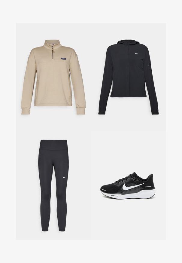 Mustassa hupparissa on pitkät hihat, ja se on valmistettu kevyestä materiaalista. Siinä on edessä vetoketju, Nike-logo ja hillityt muotoiluyksityiskohdat.; Beige fleece-pusero puolivetoisella vetoketjulla, seisomakolarilla ja pitkillä hihoilla. Vasemman rinnan kohdalla pieni logo. Pehmeä rakenne.; Mustat leggingsit joustavasta kankaasta, joissa on korkea vyötärö ja valkoinen Nike-logo vasemmassa reidessä. Sileä pinta, muotoaan myötäilevä suunnittelu.; Mustat urheilukengät, joissa on verkkopinta, valkoinen Nike-logo ja valkoinen pehmustettu pohja, jossa on teksturoitu pinta.