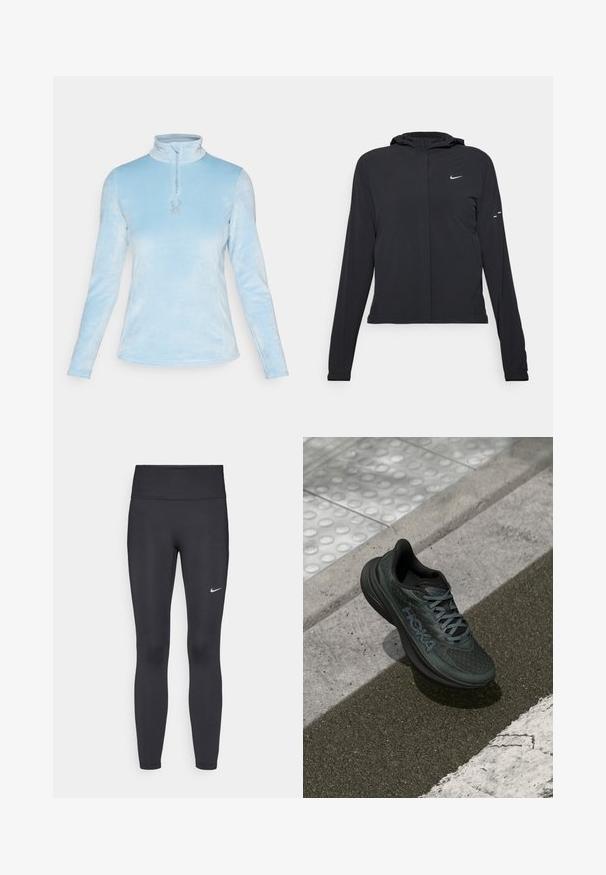 Crna jakna s kapuljačom i dugim rukavima, izrađena od laganog materijala. Ima prednji patentni zatvarač, Nike logo i suptilne dizajnerske detalje.; Spyder SHIMMER BUG 1/2 ZIP - Vesta od flisa - blue drift; Crne tajice izrađene od rastezljivog materijala, s visokim strukom i bijelim Nike logotipom na lijevom bedru. Glatka tekstura, dizajn koji prati obline.; Crne trkačke cipela s mrežastim gornjim dijelom, teksturiranim detaljima i logotipom, s podstavljenim potplatom i sivim vezicama, smještene na pločniku.