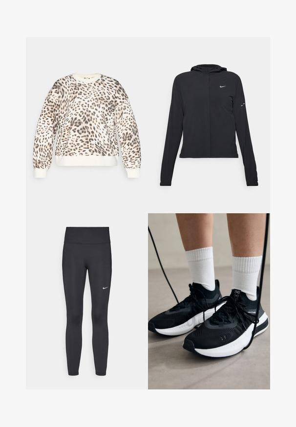 Čierna kapucňová bunda s dlhou rukávou, vyrobená z ľahkého materiálu. Má predný zips, logo Nike a jemné dizajnové akcenty.; Mikina s leopardím vzorom na smotanovom podklade, s okrúhlym výstrihom a rebrovanými manžetami. Mäkkučký materiál s voľným strihom a výrazným zvieracím vzorom.; Čierne legíny z elastického materiálu, s vysokým pásom a bielym logom Nike na ľavom stehne. Hladká textúra, priliehavý dizajn.; Čierne športové topánky s textúrovanou tkaninou, bielou podrážkou a čiernymi šnúrkami. Nosené s bielymi rebrovanými ponožkami, postavené na svetlom povrchu.