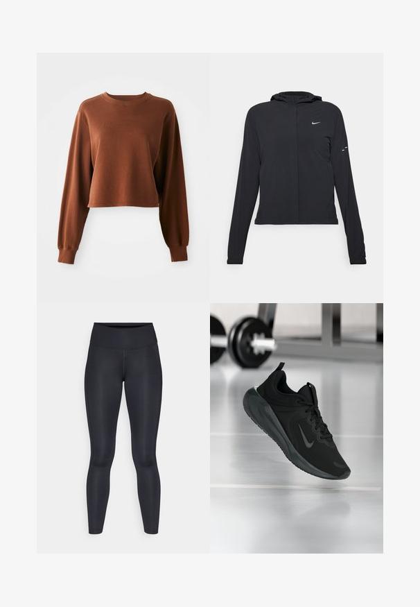 Czarna kurtka z kapturem, z długimi rękawami, wykonana z lekkiego materiału. Posiada zamek błyskawiczny z przodu, logo Nike oraz subtelne akcenty wzornicze.; Brązowy krótki sweatshirt wykonany z miękkiej tkaniny bawełnianej. Ma długie rękawy i okrągły dekolt z ribbowanym wykończeniem. Gładka tekstura.; Czarne legginsy wykonane z gładkiego, elastycznego materiału. Wysoki stan bez widocznych wzorów czy akcentów. Dobrze przylegają od pasa do kostek.; Czarny sportowy sneaker z logo Nike, pokazany w powietrzu na podłodze siłowni, z rozmytym regałem z hantlami w tle.
