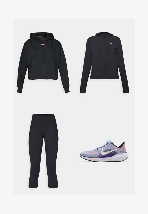Schwarze Kapuzenjacke mit langen Ärmeln, aus leichtem Material gefertigt. Sie hat einen vorderen Reißverschluss, ein Nike-Logo und dezente Designelemente.; Schwarzer cropped Hoodie aus Baumwolle mit einer Fronttasche. Mit einem pinken Nike-Logo und Kordeln an der Kapuze. Weiche Textur.; Schwarze, cropped Leggings aus dehnbarem Material, mit einem hohen Bund und glatter Textur, ohne sichtbare Muster oder Hardware.; Hellblaues Nike-Laufschuh mit Mesh-Obermaterial, lila Akzenten, schwarzer Ferse und weißer Sohle, die mit roten "AIR 200"-Schriftzug versehen ist.