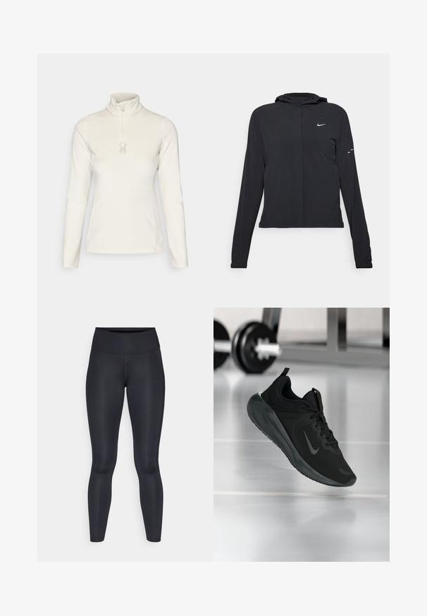 Sort hættetrøje med lange ærmer, lavet af letvægtsmateriale. Har en frontlynlås, et Nike-logo og subtile designaccenter.; Spyder SHIMMER BUG 1/2 ZIP - Fleecetrøjer - vanilla latte; Sorte leggings lavet af glat, strækbart stof. Høj talje uden synlige mønstre eller accenter. Sidder tæt fra talje til ankler.; Sort sportsko med Nike-logo, vist midt i luften på et gymgulv, med en sløret vægtstang i baggrunden.