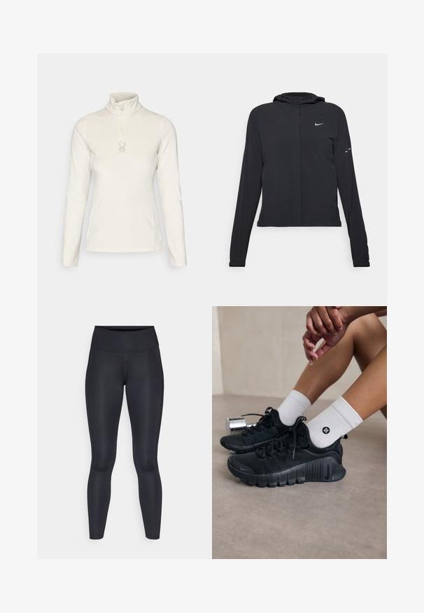 Černá kapucňová bunda s dlouhými rukávy, vyrobená z lehkého materiálu. Obsahuje přední zip, logo Nike a decentní designové akcenty.; Spyder SHIMMER BUG 1/2 ZIP - Fleecová mikina - vanilla latte; Černé legíny vyrobené z hladké, elastické tkaniny. Vysoký pas bez viditelných vzorů nebo akcentů. Těsně přiléhají od pasu k kotníkům.; Černé sportovní boty s texturovanou látkou, šněrováním a výraznou podrážkou, v kombinaci s bílými žebrovanými ponožkami s malým logem.