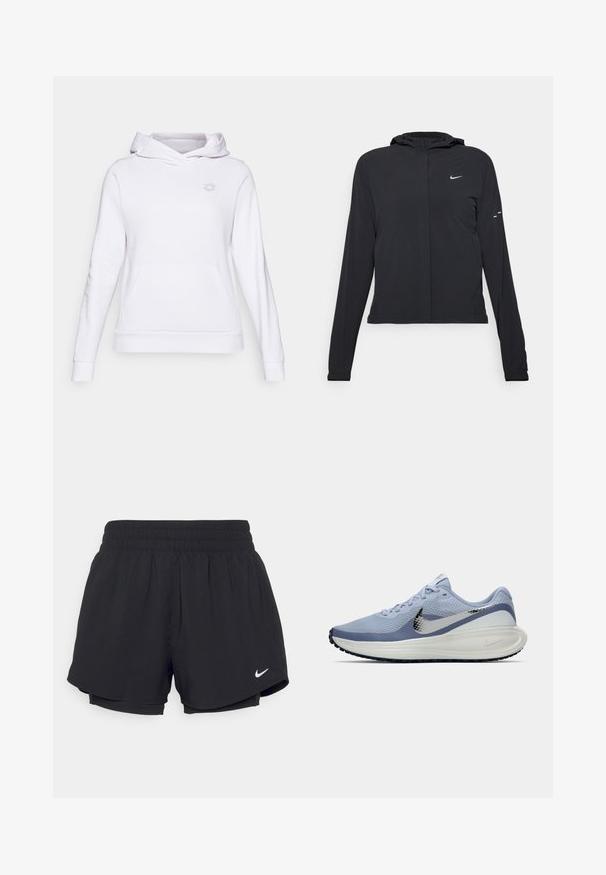 Casaco preto com capuz e mangas longas, feito de material leve. Apresenta um fecho dourado na frente, um logótipo da Nike e detalhes de design subtis.; Sweatshirt branco com capuz, feito de um tecido macio, com um bolso canguru, punhos e bainha canelados, e um pequeno logótipo cinza no peito.; Calções atléticos pretos com um cós elástico franzido, forro interior e o logótipo da Nike em branco no lado inferior esquerdo. Tecido suave e leve.; Sapatilha de corrida Nike azul claro e branca com o swoosh prateado, parte superior de malha respirável, sola acolchoada e sola preta.