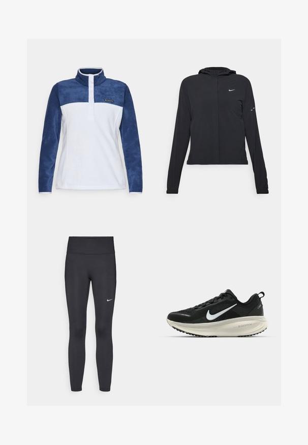Casaco preto com capuz e mangas longas, feito de material leve. Apresenta um fecho dourado na frente, um logótipo da Nike e detalhes de design subtis.; Pullover de fleece, corpo branco com mangas azul-marinho, gola alta, placket de três botões, logotipo da Columbia no peito, textura suave.; Leggings pretos feitos de tecido elástico, com uma cintura alta e um logo branco da Nike na coxa esquerda. Textura suave, design ajustado ao corpo.; Sapatilha de corrida Nike preta com parte superior de malha respirável, logotipo Swoosh branco, detalhes texturizados e uma entressola ZoomX na cor creme.