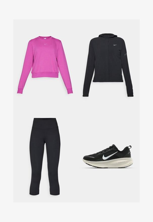 Svart hettegenser med lange ermer, laget av lett materiale. Har glidelås foran, Nike-logo og subtile design detaljer.; Rosa kortermet sweatshirt med lange ermer, rund hals, jevn kant og en liten grå logo foran. Mykt strikket stoff.; Sorte, cropped leggings laget av elastisk stoff, med høy midje og glatt tekstur, uten synlige mønstre eller detaljer.; Svart Nike løpesko med pustende mesh-overdel, hvit swoosh-logo, teksturert detaljer og en kremfarget ZoomX mellomsåle.