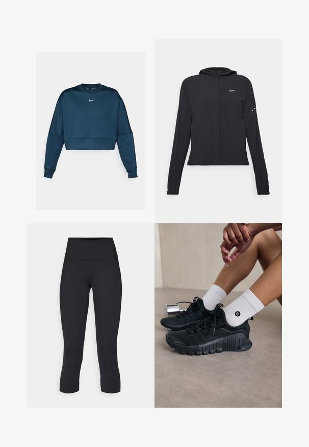 Zwarte kaptrui met lange mouwen, gemaakt van lichtgewicht materiaal. Voorzien van een ritssluiting aan de voorkant, een Nike-logo en subtiele ontwerpelementen.; Marineblauwe cropped sweatshirt met een ronde hals en lange mouwen. Heeft een wit Nike-logo op de borst en een soepele textuur.; Zwarte cropped leggings van rekbaar materiaal, met een hoge tailleband en een gladde textuur, zonder zichtbare patronen of hardware.; Zwarte sport schoenen van een gestructureerde stof, met vetersluiting en een opvallende zool, gecombineerd met witte geribbelde sokken met een klein logo.