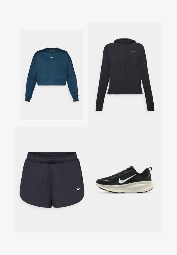 Giacca nera con cappuccio e maniche lunghe, realizzata in materiale leggero. Presenta una zip frontale, il logo Nike e accenti di design sottili.; Felpa cropped blu navale con scollatura rotonda e maniche lunghe. Presenta un logo Nike bianco sul petto e una texture liscia.; Pantaloncini sportivi neri realizzati in tessuto leggero e traspirante. Caratterizzati da una vita elastica e dal logo Nike bianco sul lato inferiore destro.; Scarpa da corsa nera Nike con tomaia in rete traspirante, logo Swoosh bianco, dettagli testurizzati e intersuola ZoomX di colore crema.