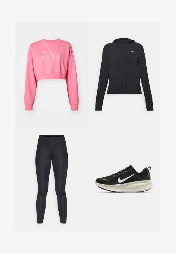 Jachetă neagră cu glugă, cu mâneci lungi, fabricată din material ușor. Dispune de un fermoar frontal, un logo Nike și accente de design subtile.; Hanorac roz scurt din bumbac, cu mâneci lungi, având un guler rotund cu nervuri și inscripția „REC CLUB EST. 1980” imprimată în alb.; Leggings negre dintr-un material neted și elastic. Talie înaltă fără modele sau accente vizibile. Se potrivesc strâns de la talie până la glezne.; Pantofii de alergare negri de la Nike, cu parte superioară din plasă respirabilă, logo-ul alb Swoosh, detalii texturate și o talpă intermediară ZoomX de culoare crem.