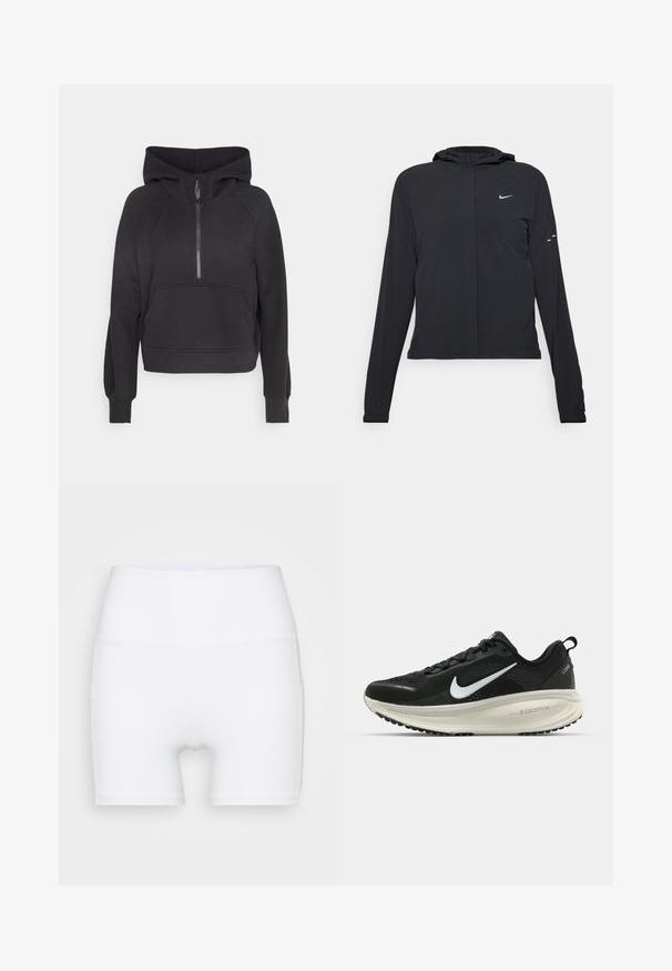 Chaqueta negra con capucha y mangas largas, hecha de un material ligero. Presenta un cierre frontal, un logo de Nike y acentos de diseño sutiles.; Sudadera negra con capucha y media cremallera, bolsillo frontal y puños acanalados. Hecha de una tela suave, presenta un diseño corto y mangas raglán.; Shorts blancos de talle alto confeccionados en tejido elástico. Presentan una textura suave y un diseño ajustado, sin patrones ni herrajes adicionales.; Zapatilla de running Nike negra con parte superior de malla transpirable, logo Swoosh blanco, detalles texturizados y una entresuela ZoomX de color crema.