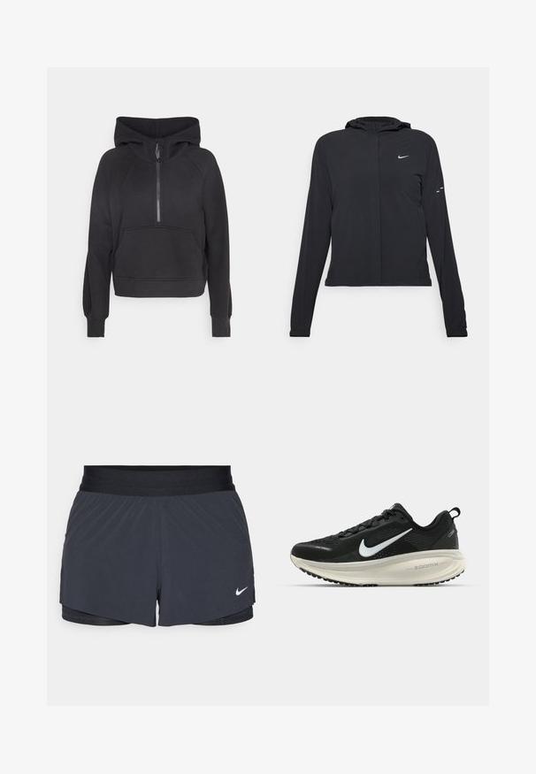Schwarze Kapuzenjacke mit langen Ärmeln, aus leichtem Material gefertigt. Sie hat einen vorderen Reißverschluss, ein Nike-Logo und dezente Designelemente.; Schwarzer Kapuzenpullover mit halbem Reißverschluss, Fronttasche und gerippten Bündchen. Aus weichem Stoff gefertigt, mit einem kurzen Schnitt und Raglanärmeln.; Schwarze Sportshorts mit elastischem Bund, ausgestattet mit einem geschichteten Design und einem kleinen weißen Nike-Logo unten links. Leichtes Material.; Schwarzer Nike-Laufschuh mit atmungsaktivem Mesh-Obermaterial, weißem Swoosh-Logo, strukturierten Details und einer cremefarbenen ZoomX-Zwischensohle.