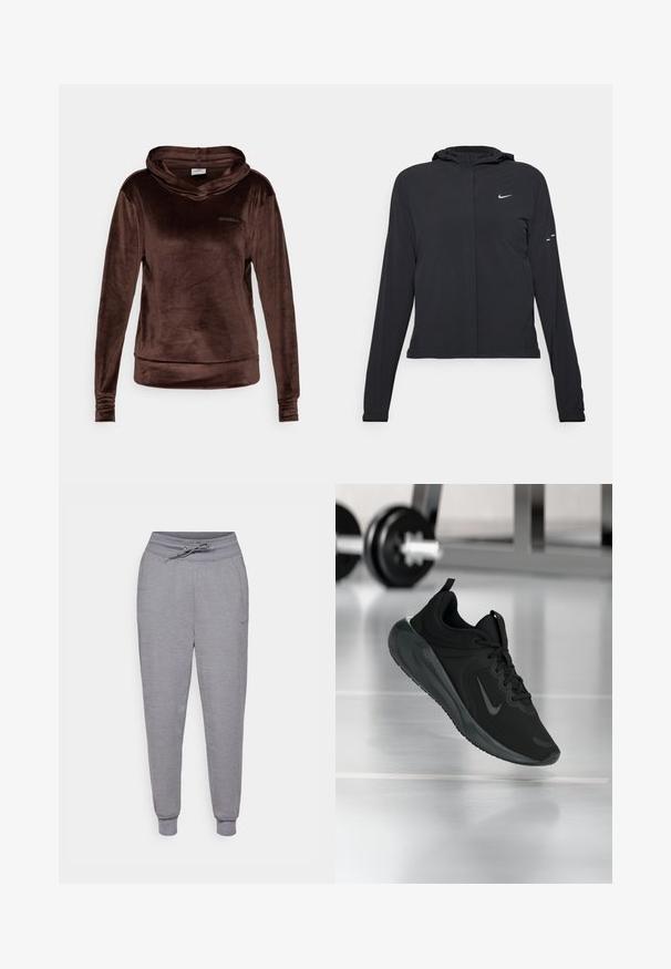 Zwarte kaptrui met lange mouwen, gemaakt van lichtgewicht materiaal. Voorzien van een ritssluiting aan de voorkant, een Nike-logo en subtiele ontwerpelementen.; Bruine fluwelen hoodie met lange mouwen, kraag en gestikte manchetten. Bevat een subtiel logo aan de voorkant. Zachte textuur en relaxte pasvorm.; Grijze taps toelopende joggingbroek met een tailleband met trekkoord, elastische boorden en een subtiele Nike-logo op de linker bovenbeen. Zachte, gestructureerde stof.; Zwarte sportsneaker met Nike-logo, weergegeven in de lucht boven de gymvloer, met een vervaagde halterrek op de achtergrond.