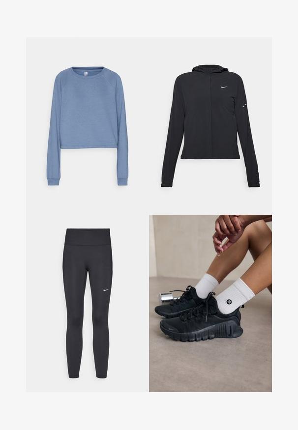 Casaco preto com capuz e mangas longas, feito de material leve. Apresenta um fecho dourado na frente, um logótipo da Nike e detalhes de design subtis.; Sweatshirt cropped azul claro feito de tecido macio, com mangas raglan longas e decote redondo. Apresenta punhos e bainha canelados.; Leggings pretos feitos de tecido elástico, com uma cintura alta e um logo branco da Nike na coxa esquerda. Textura suave, design ajustado ao corpo.; Sapatilhas atléticas pretas com tecido texturizado, design com atacadores e uma sola proeminente, emparelhadas com meias brancas com nervuras e um pequeno logótipo.