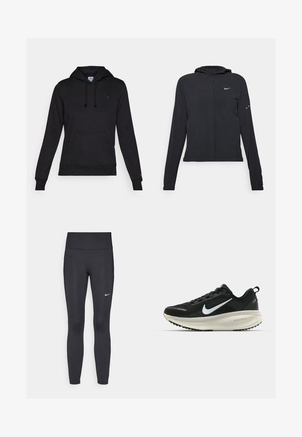 Čierna kapucňová bunda s dlhou rukávou, vyrobená z ľahkého materiálu. Má predný zips, logo Nike a jemné dizajnové akcenty.; Čierna mikina s kapucňou vyrobená z mäkkého textilu. Má šnúrku na kapucni, klokanie vrecko, rebrované manžety a malé logo na hrudi.; Čierne legíny z elastického materiálu, s vysokým pásom a bielym logom Nike na ľavom stehne. Hladká textúra, priliehavý dizajn.; Čierne bežecké topánky Nike s priedušnou sieťovinou, bielym logom s symbolom swoosh, textúrovanými detailmi a krémovou ZoomX medzipodrážkou.