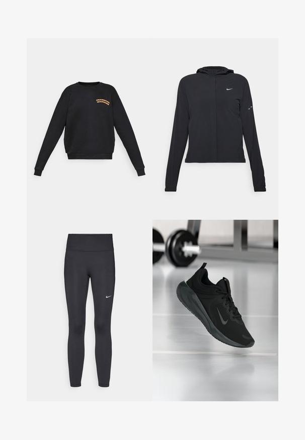 Black hooded jacket with long sleeves, made from lightweight material. Features a front zipper, a Nike logo, and subtle design accents.; Black long-sleeve sweatshirt with orange "Peaceful Warrior" text on the left chest, crew neck, and ribbed cuffs and hem.; Black leggings made of stretchy fabric, featuring a high waistband and a white Nike logo on the left thigh. Smooth texture, form-fitting design.; Black sports sneaker with Nike logo, shown mid-air on gym floor, with blurred dumbbell rack in background.