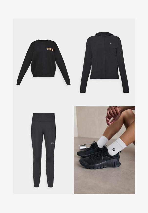 Black hooded jacket with long sleeves, made from lightweight material. Features a front zipper, a Nike logo, and subtle design accents.; Black long-sleeve sweatshirt with orange "Peaceful Warrior" text on the left chest, crew neck, and ribbed cuffs and hem.; Black leggings made of stretchy fabric, featuring a high waistband and a white Nike logo on the left thigh. Smooth texture, form-fitting design.; Black athletic shoes with textured fabric, laced design, and a prominent sole, paired with white ribbed socks featuring a small logo.