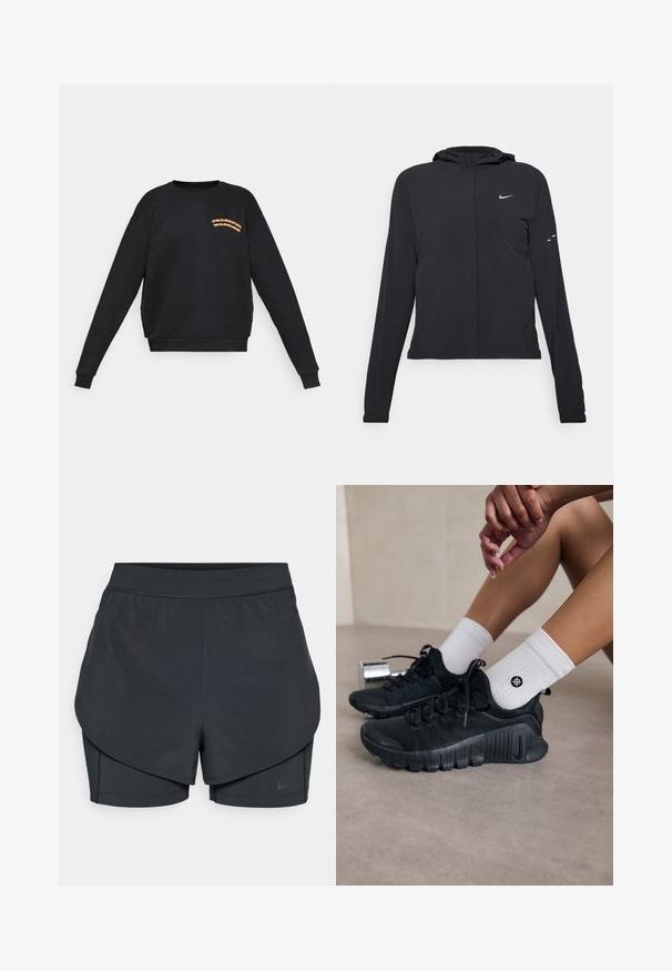 Fekete kapucnis dzseki hosszú ujjakkal, könnyű anyagból készült. Elülső cipzárral, Nike logóval és diszkrét dizájn elemekkel rendelkezik.; Fekete, hosszú ujjú pulóver narancssárga "Békés Harcos" felirattal a bal mellen, kerek nyakkivágással, bordás mandzsettákkal és aljjal.; Fekete sportnadrág réteges kialakítással, sima külső résszel és illeszkedő belső nadrággal. Könnyű, rugalmas anyagból készült.; Fekete sportcipők texturált anyagból, fűzős kialakítással és hangsúlyos talppal, fehér bordás zoknikkal párosítva, melyek kis logóval rendelkeznek.