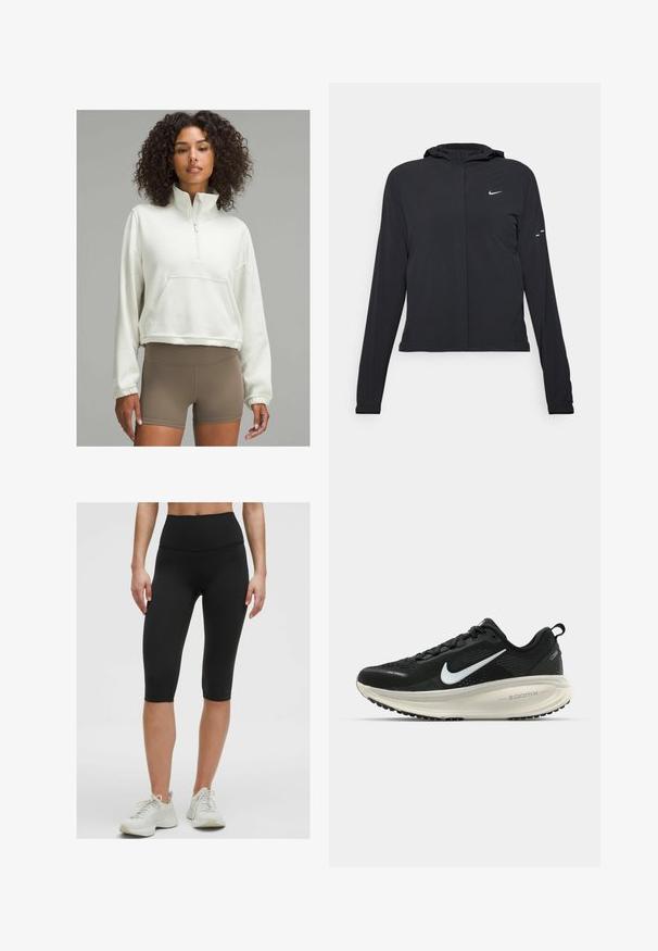 Černá kapucňová bunda s dlouhými rukávy, vyrobená z lehkého materiálu. Obsahuje přední zip, logo Nike a decentní designové akcenty.; Svetle béžová zkrácená mikina s polo zipem, přední kapsou a elastickými manžetami, doplněná hnědými šortkami s vysokým pasem.; Černé vysoké cyklistické šortky vyrobené z pružného, hladkého materiálu, končící právě pod kolenem, v kombinaci se světlými sportovními botami.; Černá běžecká obuv Nike s prodyšným síťovaným svrškem, bílým logem swoosh, texturovanými detaily a krémovou mezipodešví ZoomX.