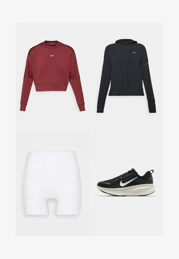 Jachetă neagră cu glugă, cu mâneci lungi, fabricată din material ușor. Dispune de un fermoar frontal, un logo Nike și accente de design subtile.; Hanorac scurt de culoare vișinie, realizat dintr-un material moale, având mâneci lungi, guler rotund și un mic logo alb Nike pe piept.; Șorturi albe cu talie înaltă, fabricate dintr-un material elastic. Au o textură netedă și un design ajustat, fără modele sau accesorii suplimentare.; Pantofii de alergare negri de la Nike, cu parte superioară din plasă respirabilă, logo-ul alb Swoosh, detalii texturate și o talpă intermediară ZoomX de culoare crem.