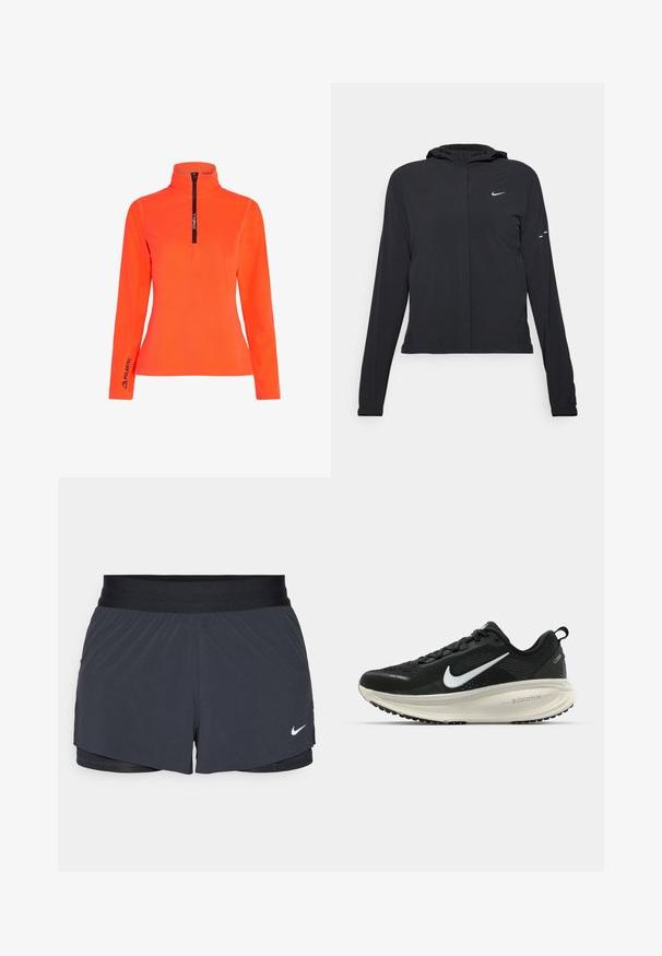 Sort hættetrøje med lange ærmer, lavet af letvægtsmateriale. Har en frontlynlås, et Nike-logo og subtile designaccenter.; Lys orange fleece pullover med høj krave og halvlange lynlås. Har sort lynlås og "Polartec" logo på manchetterne. Glat tekstur.; Sort træningsshorts med elastisk talje, der har et lagdelt design og et lille hvidt Nike-logo nederst til venstre. Letvægtsmateriale.; Sort Nike løbesko med åndbart mesh-overdel, hvidt swoosh-logo, tekstureret detaljering og en cremede ZoomX mellemsål.