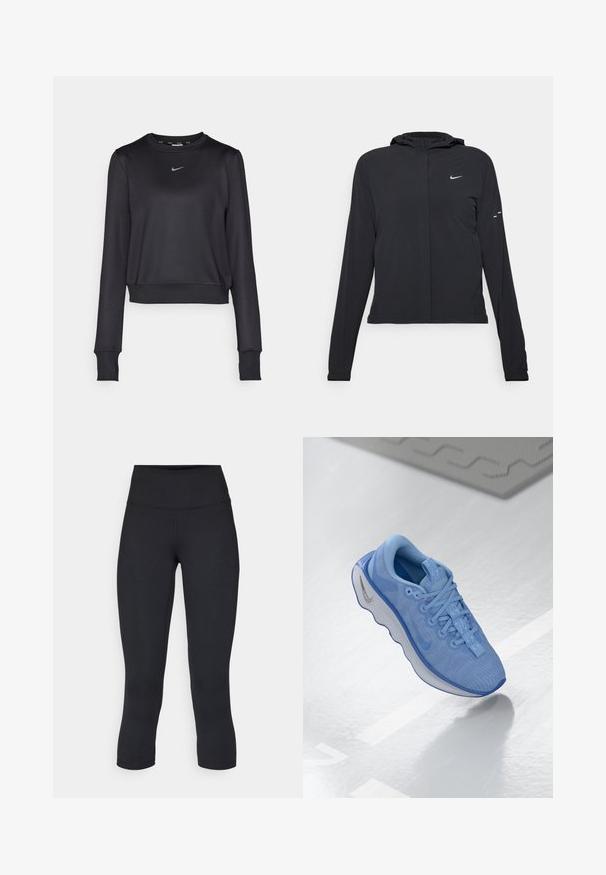 Melnā kapuci jaka ar garām piedurknēm, izgatavota no viegla materiāla. Tam ir priekšējais rāvējslēdzis, Nike logo un smalki dizaina akcenti.; Melnā īsā svīteris, izgatavots no gludas auduma, ar apaļu apkakli, garām piedurknēm un mazu zilu Nike logotipu uz krūtīm.; Melnas apgrieztas legingi, izgatavoti no elastīga auduma, ar augstu jostasvietu un gludu tekstūru, bez redzamām rakstu vai aksesuāriem.; Gaiši zilo sporta apavu ar teksturētu sieta augšdaļu, saites priekšpusi, mīkstinātu apkakli un caurspīdīgu zoli ar viļņu rakstu. Sudraba logos detalizācija.