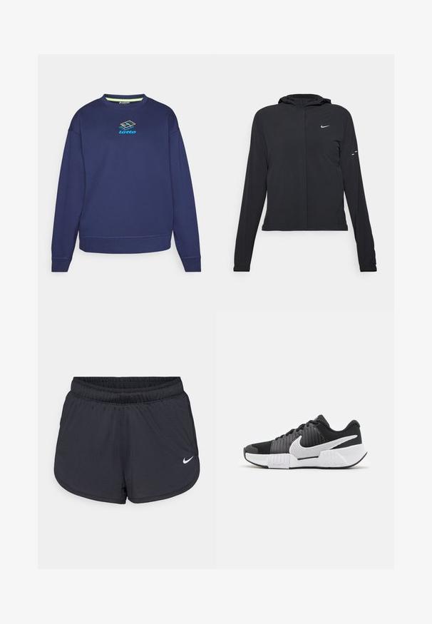 Svart hettegenser med lange ermer, laget av lett materiale. Har glidelås foran, Nike-logo og subtile design detaljer.; Mørkeblå hettegenser laget av bomullsblanding, med rund hals, lange ermer og et flerfarget Lotto-logo i sentrum.; Sorte atletiske shorts med elastisk midjebånd, med et sporty design og en hvit Nike-logo på nedre front. Teksturert stoff.; Svart-hvite joggesko med teksturert overdel, fremtredende Nike-svusk og kontrasterende såledesign for bedre grep og stabilitet.