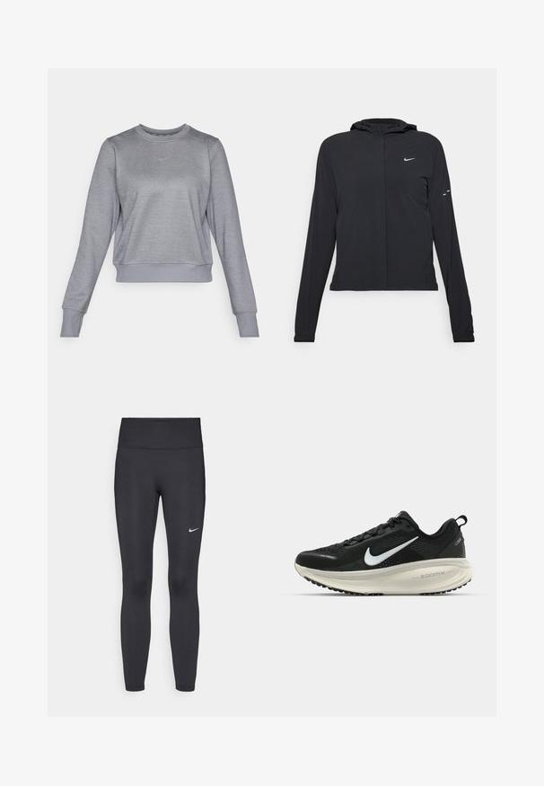 Svart hettegenser med lange ermer, laget av lett materiale. Har glidelås foran, Nike-logo og subtile design detaljer.; Grå Nike hettegenser med rund hals, lange ermer, ribbede mansjetter og nederkant, med en liten lyseblå logo på brystet.; Sorte leggings laget av elastisk stoff, med høy livlinje og en hvit Nike-logo på venstre lår. Glatt tekstur, kroppsnær passform.; Svart Nike løpesko med pustende mesh-overdel, hvit swoosh-logo, teksturert detaljer og en kremfarget ZoomX mellomsåle.