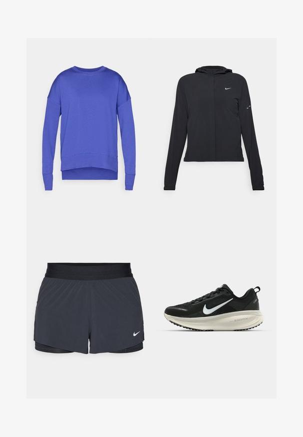 Svart huva jacka med långa ärmar, gjord av lätt material. Har en framdragare, en Nike-logotyp och subtila designelement.; Lila sweatshirt med långa ärmar, rund halsringning och en något böjd fåll. Tillverkad av mjukt, lätt material med en jämn textur.; Svarta idrottsshorts med elastisk midja, med en lagerdesign och en liten vit Nike-logga på nedre vänstra sidan. Lättviktig material.; Svart Nike löparsko med andningsbart mesh-ovandel, vit swoosh-logotyp, texturerad detaljering och en krämfärgad ZoomX-mellansula.