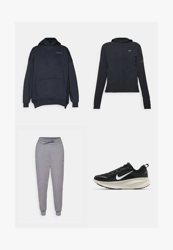 Casaco preto com capuz e mangas longas, feito de material leve. Apresenta um fecho dourado na frente, um logótipo da Nike e detalhes de design subtis.; Sweatshirt capuz cinza escuro com bolso canguru, corte oversized, punhos canelados e um pequeno логотип impresso no peito.; Calças de moletom cinzentas, ajustadas na parte inferior, com cintura elástica por cordão, punhos elásticos e um discreto logo da Nike na coxa esquerda. Tecido macio e texturizado.; Sapatilha de corrida Nike preta com parte superior de malha respirável, logotipo Swoosh branco, detalhes texturizados e uma entressola ZoomX na cor creme.