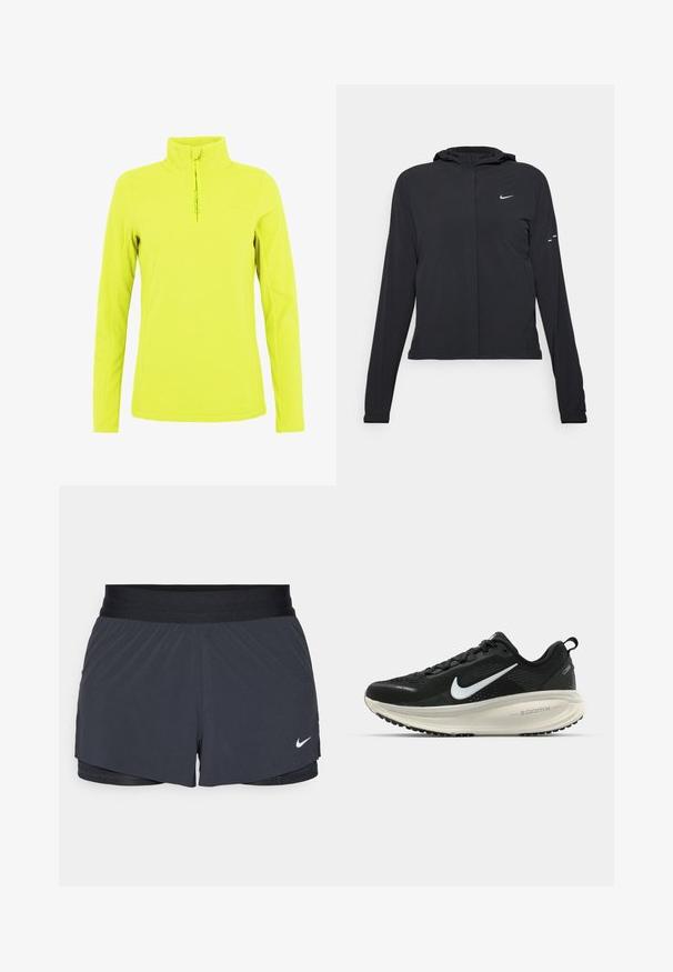 Sort hættetrøje med lange ærmer, lavet af letvægtsmateriale. Har en frontlynlås, et Nike-logo og subtile designaccenter.; Gul fleece pullover med højt krave og kvart lynlås foran. Har en glat tekstur og diskret branding på brystet. Lange ærmer.; Sort træningsshorts med elastisk talje, der har et lagdelt design og et lille hvidt Nike-logo nederst til venstre. Letvægtsmateriale.; Sort Nike løbesko med åndbart mesh-overdel, hvidt swoosh-logo, tekstureret detaljering og en cremede ZoomX mellemsål.