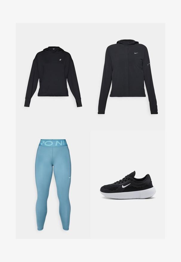 Crna jakna s kapuljačom i dugim rukavima, izrađena od laganog materijala. Ima prednji patentni zatvarač, Nike logo i suptilne dizajnerske detalje.; Crna dukserica s kapuljačom, dugim rukavima i rupama za palčeve. Ima mali logo na prsima i čist, minimalistički dizajn.; Svijetloplave atletske tajice s glatkom teksturom i visokim pojasom s natpisom "PRO NIKE". Uključuje mali bijeli Nike logo.; Crna atletska cipela s mrežastim gornjim dijelom, teksturiranim dizajnom, okruglim vrhom, bijelim gumenenim potplatom i Nike logom sa strane.