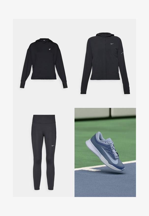 Čierna kapucňová bunda s dlhou rukávou, vyrobená z ľahkého materiálu. Má predný zips, logo Nike a jemné dizajnové akcenty.; Čierna mikina s kapucňou, dlhými rukávmi a otvormi na palce. Obsahuje malé logo na hrudi a čistý, minimalistický dizajn.; Čierne legíny z elastického materiálu, s vysokým pásom a bielym logom Nike na ľavom stehne. Hladká textúra, priliehavý dizajn.; Športové tenisky v svetlomodrej a námorníckej farebnej kombinácii, s textúrovaným zvrškom, plochými šnúrkami a ľahkou bielou podrážkou. Vyvýšené nad povrchom ihriska.
